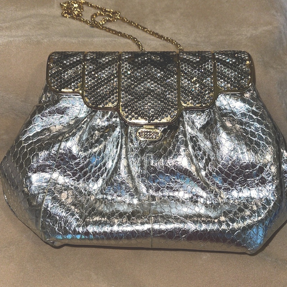 Le Ann embossed silver evening bag with rhinestone trim